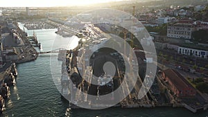 Aerial view of dry dock for ship repairs in port of Lisbon