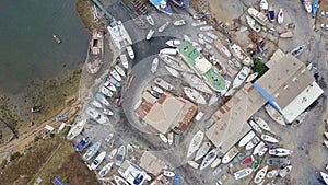 Aerial view of dry docks and shipyard in Olhao, Portugal