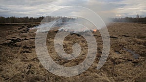 Aerial view of dry grass burning on the farmland