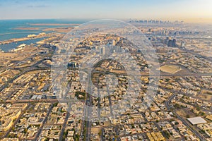 Aerial view of Dubai Downtown skyline, United Arab Emirates or UAE. Financial district and business area in smart urban city.