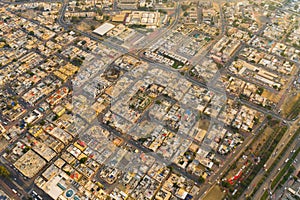 Aerial view of Dubai Downtown skyline, United Arab Emirates or UAE. Financial district and business area in smart urban city.