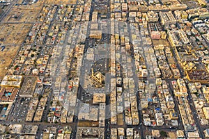 Aerial view of Dubai Downtown skyline, United Arab Emirates or UAE. Financial district and business area in smart urban city.