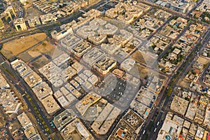 Aerial view of Dubai Downtown skyline, United Arab Emirates or UAE. Financial district and business area in smart urban city.