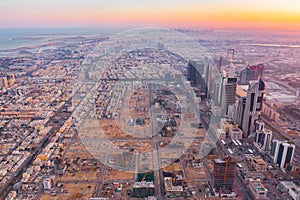 Aerial view of Dubai Downtown skyline, United Arab Emirates or UAE. Financial district and business area in smart urban city.