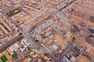 Aerial view of Dubai Downtown skyline, United Arab Emirates or UAE. Financial district and business area in smart urban city.