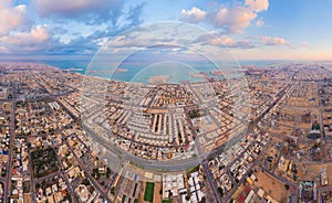 Aerial view of Dubai Downtown skyline, United Arab Emirates or UAE. Financial district and business area in smart urban city.