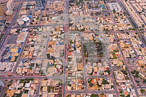 Aerial view of Dubai Downtown skyline, United Arab Emirates or UAE. Financial district and business area in smart urban city.