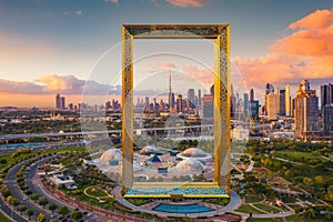Aerial view of Dubai Frame, Downtown skyline, United Arab Emirates or UAE. Financial district and business area in smart urban