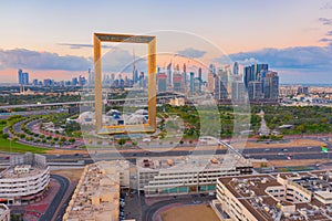 Aerial view of Dubai Frame, Downtown skyline, United Arab Emirates or UAE. Financial district and business area in smart urban