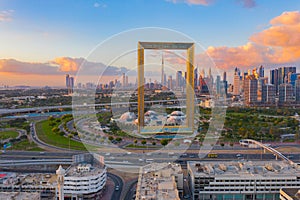 Aerial view of Dubai Frame, Downtown skyline, United Arab Emirates or UAE. Financial district and business area in smart urban