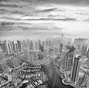 Aerial view of Dubai Marina buildings at dusk