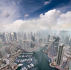 Aerial view of Dubai Marina buildings at dusk