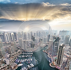 Aerial view of Dubai Marina buildings at dusk