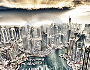 Aerial view of Dubai Marina buildings at dusk