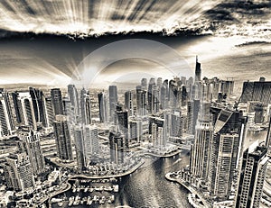 Aerial view of Dubai Marina buildings at dusk