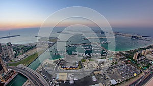 Aerial view from Dubai Marina panorama from day to night transition timelapse