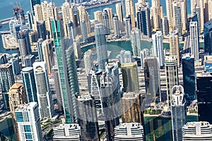 Aerial view of Dubai Marina skyline, close up on buildings from above, UAE