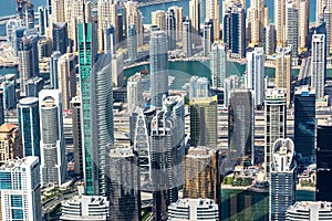 Aerial view of Dubai Marina skyline, close up on buildings from above, United Arab Emirates