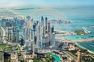 Aerial view of Dubai Marina skyline with Dubai Eye ferris wheel, United Arab Emirates