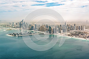 Aerial view of Dubai Marina skyline with Dubai Eye ferris wheel United Arab Emirates