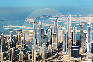 Aerial view of Dubai Marina skyline and Palm Jumeirah, United Arab Emirates