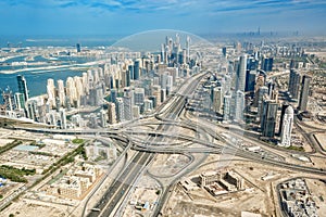 Aerial view of Dubai Marina skyline with Sheikh Zayeg road highway interchange, UAE