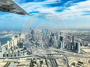 Aerial view of Dubai Marina skyline with Sheikh Zayeg road highway interchange, UAE