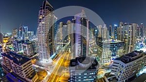 Aerial view of Dubai Marina from a vantage point night timelapse.