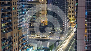 Aerial view of Dubai Marina from a vantage point night timelapse.