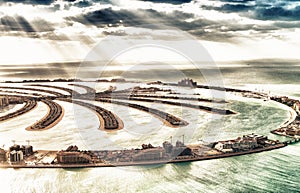 Aerial view of Dubai Palm Jumeirah Island, UAE