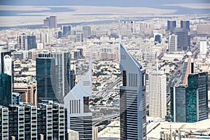 Aerial view of Dubai Skyline, Amazing Rooftop view of Dubai Sheikh Zayed Road Residential and Business Skyscrapers in Downtown Dub