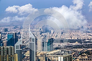 Aerial view of Dubai Skyline, Amazing Rooftop view of Dubai Sheikh Zayed Road Residential and Business Skyscrapers in Downtown Dub