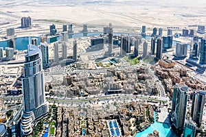 Aerial view of Dubai Skyline, Amazing Rooftop view of Dubai Sheikh Zayed Road Residential and Business Skyscrapers in Downtown Dub