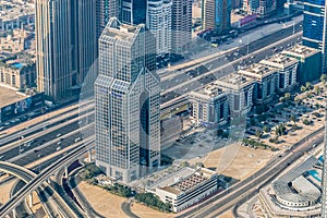 Aerial view of Dubai Skyline, Amazing Rooftop view of Dubai Sheikh Zayed Road Residential and Business Skyscrapers in Downtown Dub