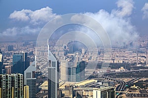 Aerial view of Dubai Skyline, Amazing Rooftop view of Dubai Sheikh Zayed Road Residential and Business Skyscrapers in Downtown Dub