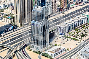 Aerial view of Dubai Skyline, Amazing Rooftop view of Dubai Sheikh Zayed Road Residential and Business Skyscrapers in Downtown Dub