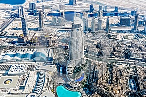 Aerial view of Dubai Skyline, Amazing Rooftop view of Dubai Sheikh Zayed Road Residential and Business Skyscrapers in Downtown Dub