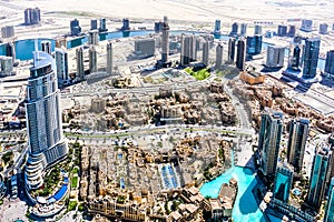 Aerial view of Dubai Skyline, Amazing Rooftop view of Dubai Sheikh Zayed Road Residential and Business Skyscrapers in Downtown Dub