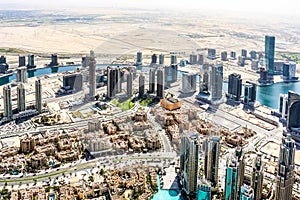 Aerial view of Dubai Skyline, Amazing Rooftop view of Sheikh Zayed Road Residential and Business Skyscrapers in Downtown Dubai, Un