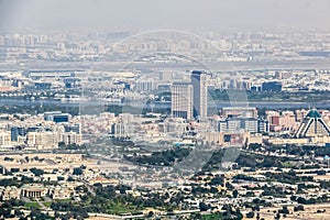 Aerial view of Dubai Skyline, Amazing Rooftop view of Sheikh Zayed Road Residential and Business Skyscrapers in Downtown Dubai, Un