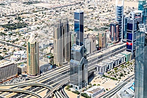 Aerial view of Dubai Skyline, Amazing Rooftop view of Sheikh Zayed Road Residential and Business Skyscrapers in Downtown Dubai, Un