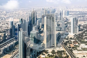 Aerial view of Dubai Skyline, Amazing Rooftop view of Sheikh Zayed Road Residential and Business Skyscrapers, Dubai, United Arab E