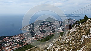 Aerial view of Dubrovnik and cable way to Srd mountain in Croatia