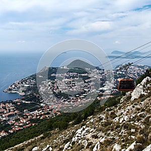 Aerial view of Dubrovnik and cable way to Srd mountain in Croatia