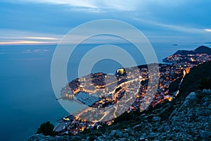 Aerial view of Dubrovnik city by night