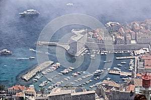 Aerial view of Dubrovnik harbor on cloudy day