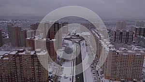 Aerial view of dull city in winter