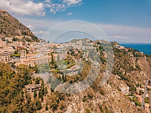 Aerial view of the Duomo in most popular Sicilian resort Taormina.