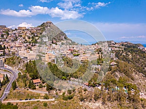 Aerial view of the Duomo in most popular Sicilian resort Taormina.