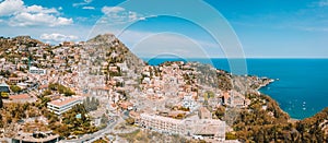 Aerial view of the Duomo in most popular Sicilian resort Taormina.